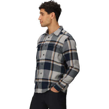 Outdoor Research Men's Feedback Flannel Twill Shirt in dark navy plaid, on model side view
