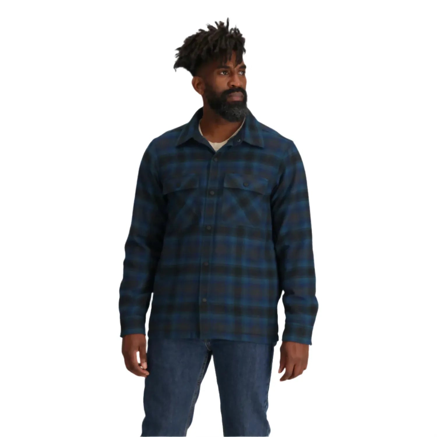 Outdoor Research Men's Feedback Shirt Jacket shown in Harbor Plaid. Front view on model