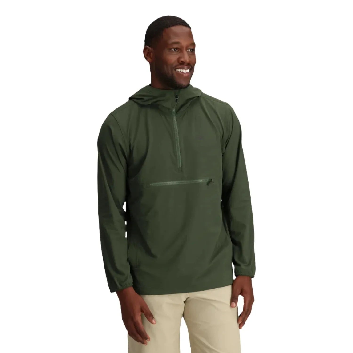 Outdoor Research Men's Ferrosi Anorak shown in the Verde color option. Front view on model.
