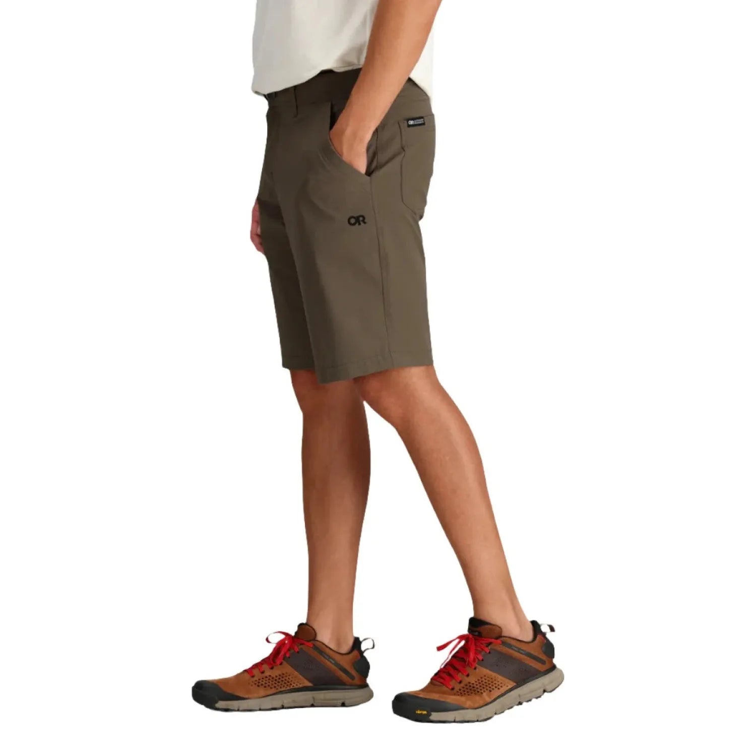 Outdoor Research Men's Ferrosi Shorts - 10" Inseam shown in the Morel color option. Side view on model.