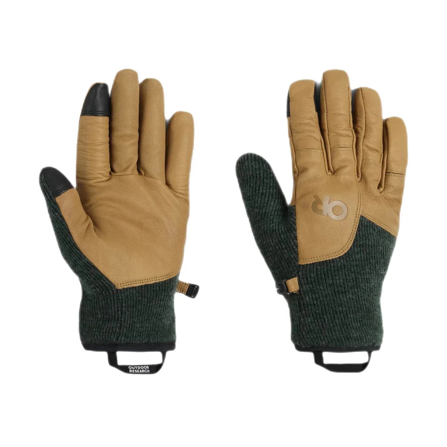 Outdoor Research Men's Flurry Driving Gloves shown in the Grove color option. Front and back view.