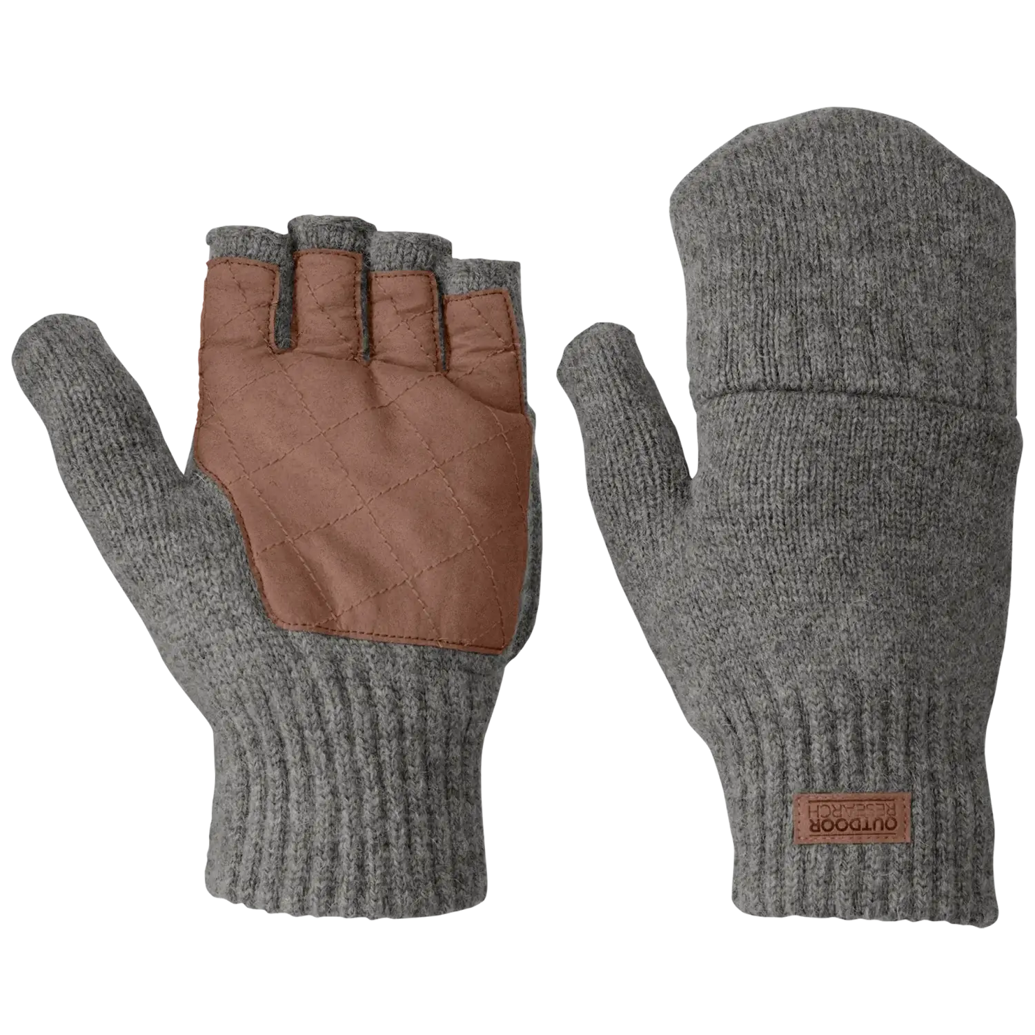 Outdoor Research Men's Lost Coast Fingerless Mitts in Pewter, front and back view flat