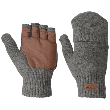 Outdoor Research Men's Lost Coast Fingerless Mitts in Pewter, front and back view flat