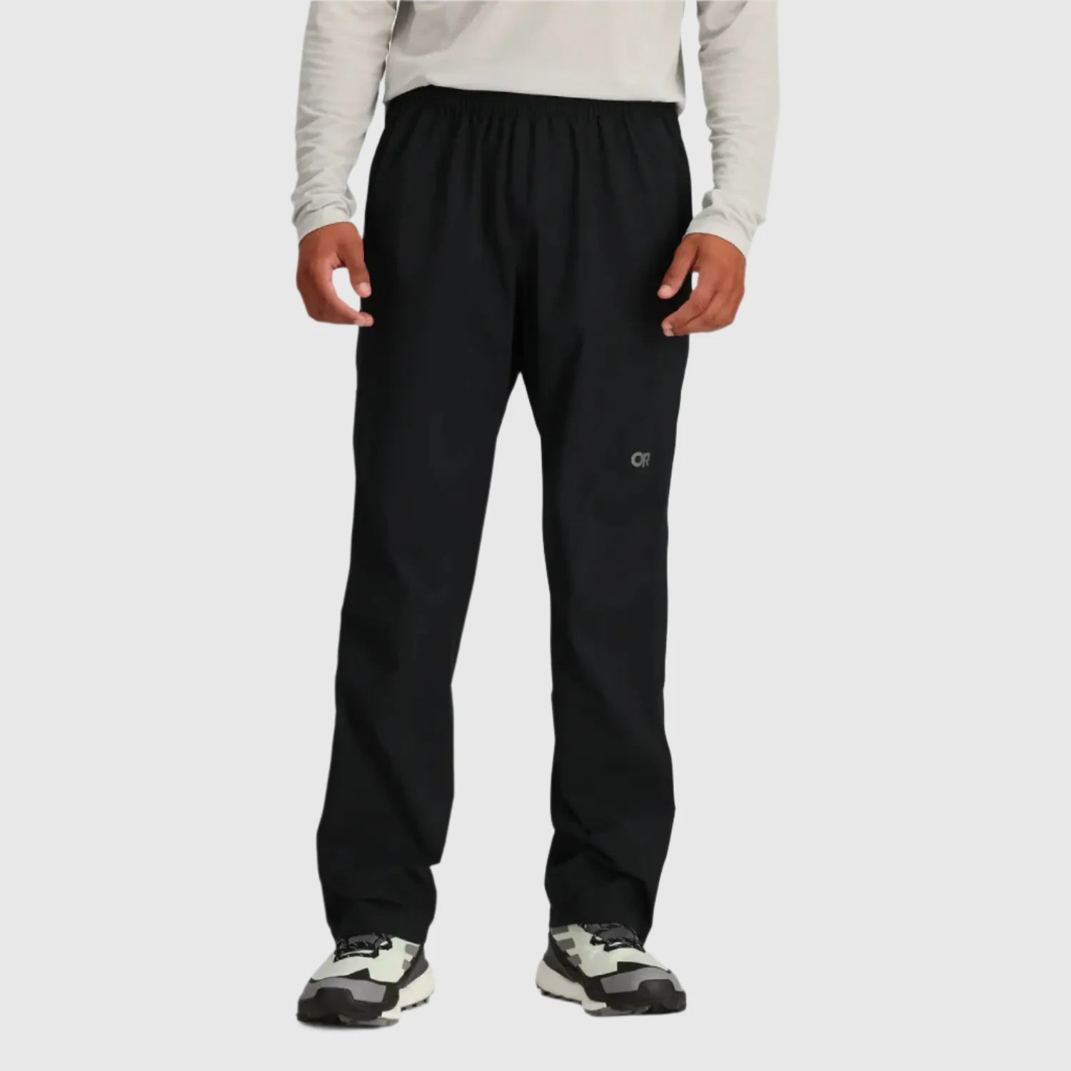 Outdoor Research Men's Stratoburst Stretch Rain Pants shown in the Black color option. Front view on model.