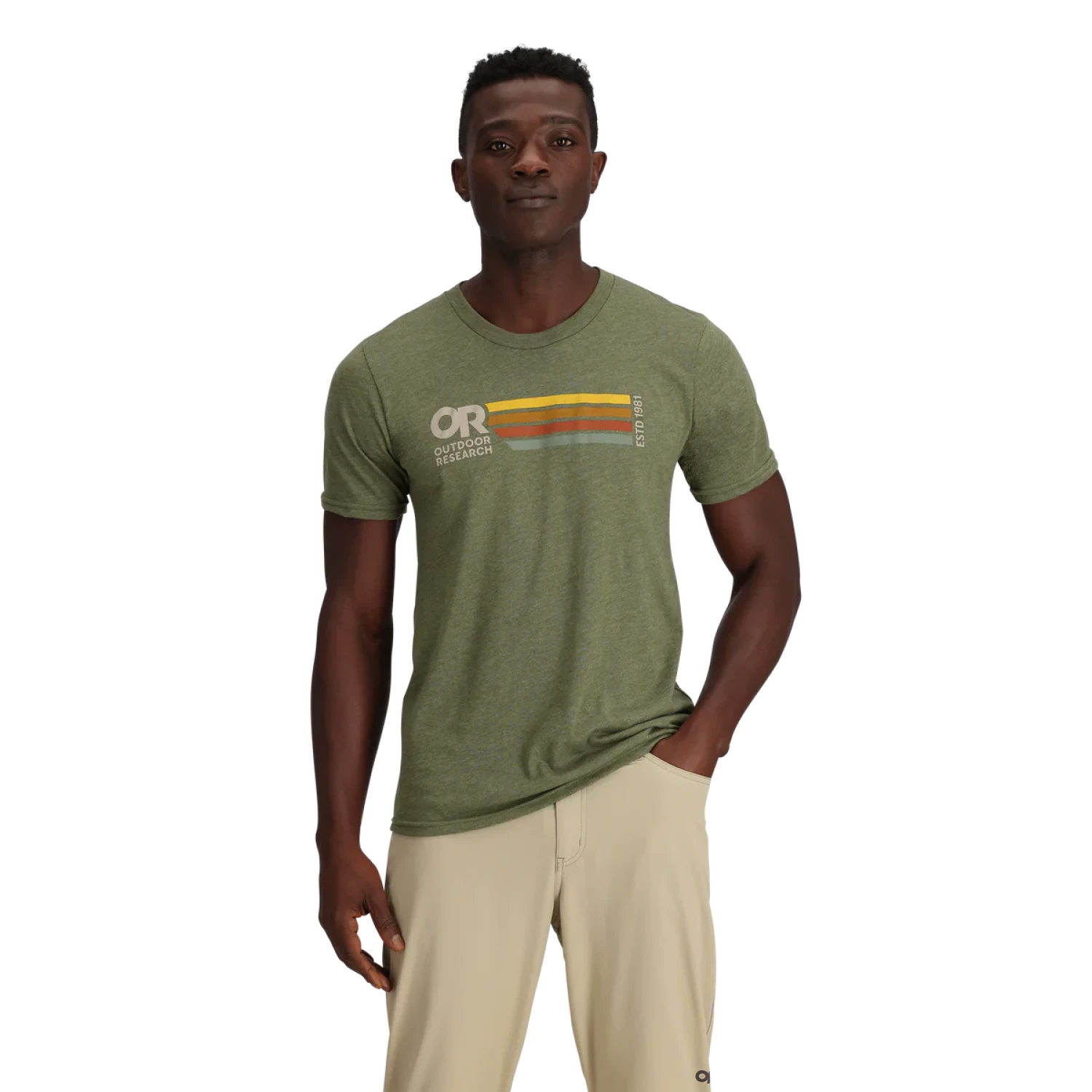Outdoor Research Quadrise Senior Logo T-Shirt shown in the Grove color option. Front view on model.