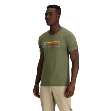 Outdoor Research Quadrise Senior Logo T-Shirt shown in the Grove color option. Angle view on model. 