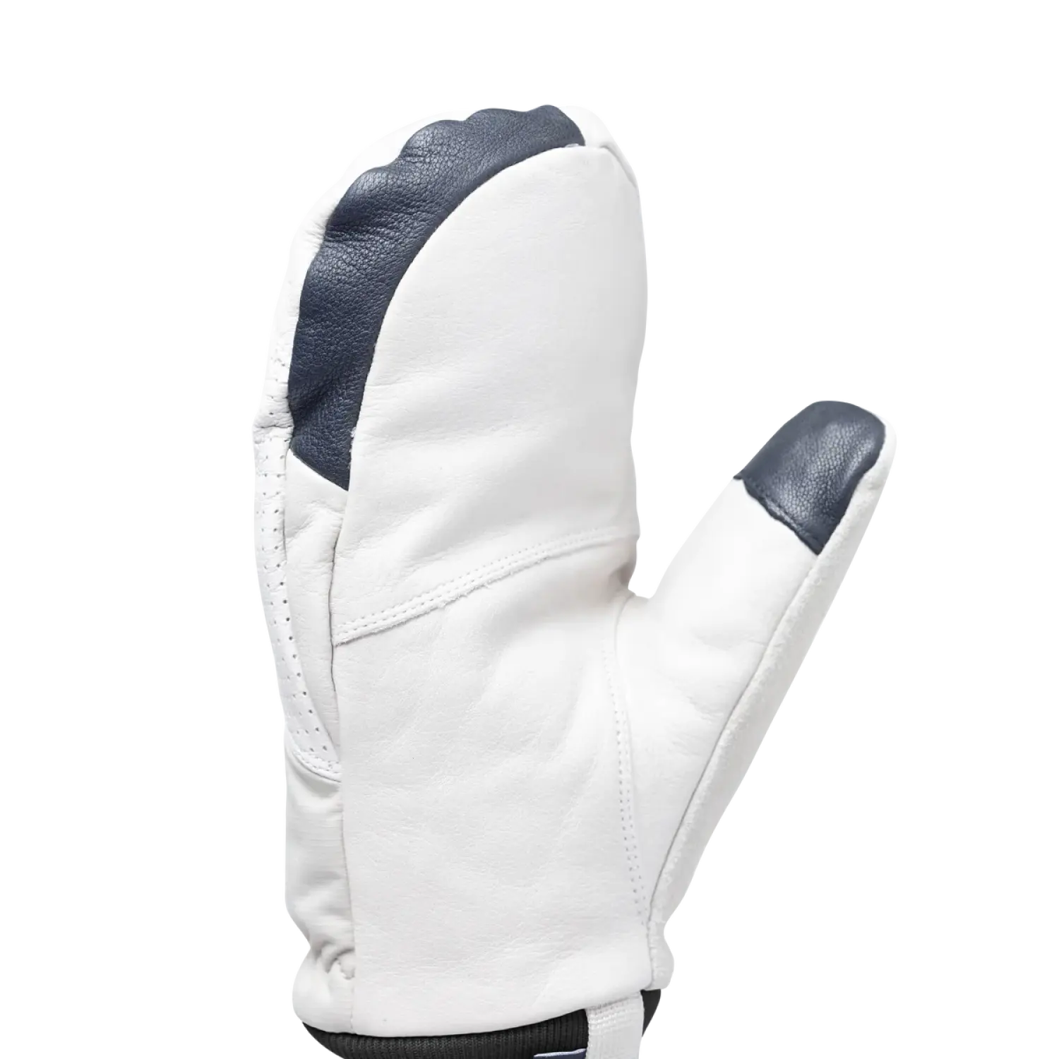 Outdoor Research Snowcrew Leather Mitts shown in the Oyster/Pro Khaki color option. Palm view.