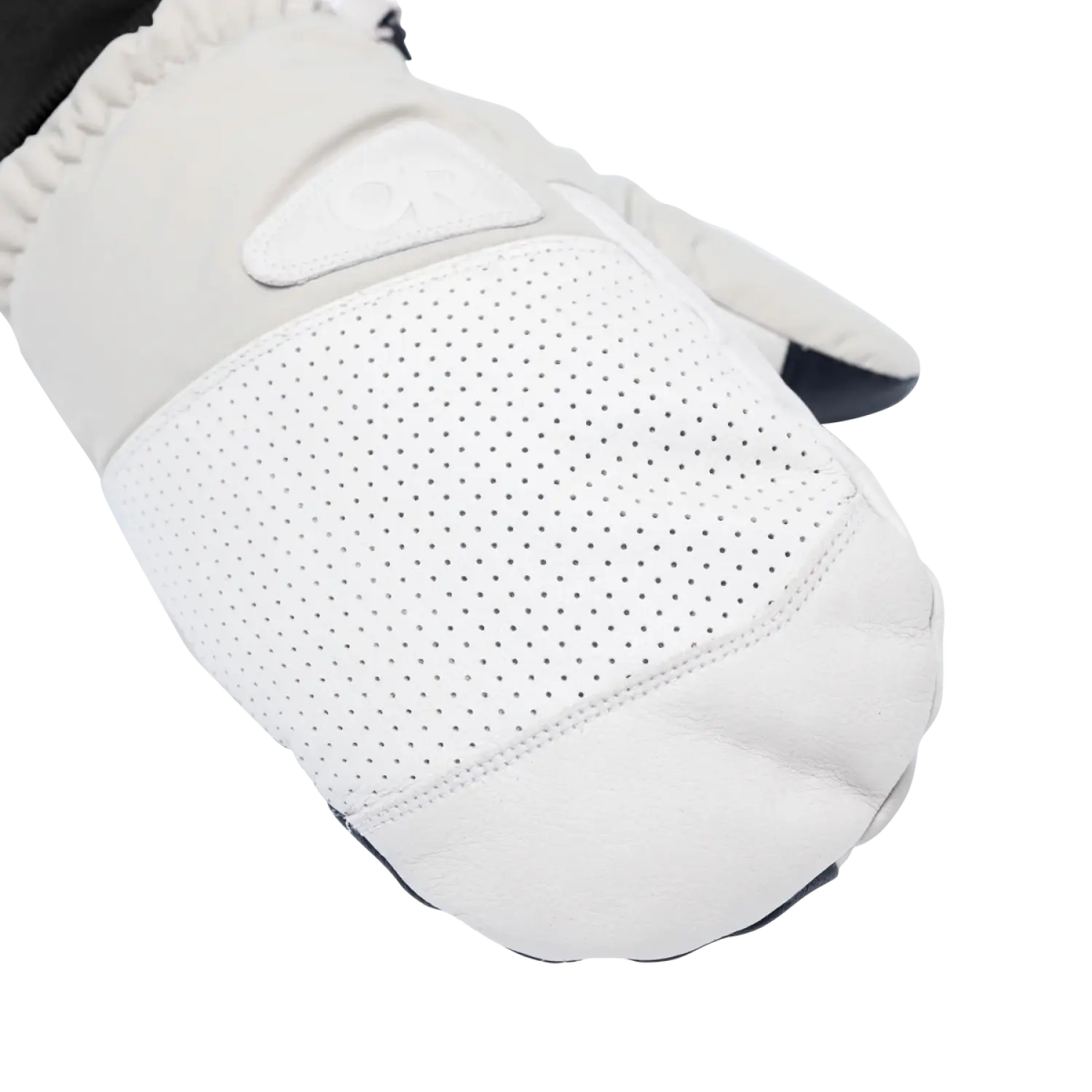 Outdoor Research Snowcrew Leather Mitts shown in the Oyster/Pro Khaki color option. Top view.