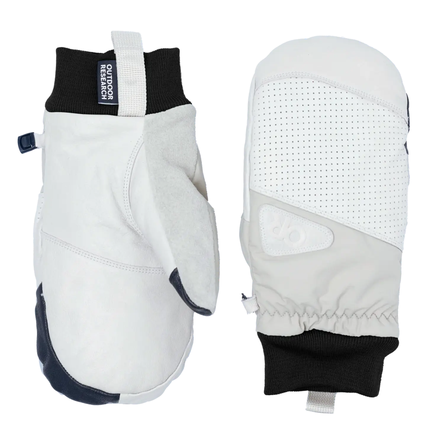 Outdoor Research Snowcrew Leather Mitts shown in the Oyster/Pro Khaki color option. 