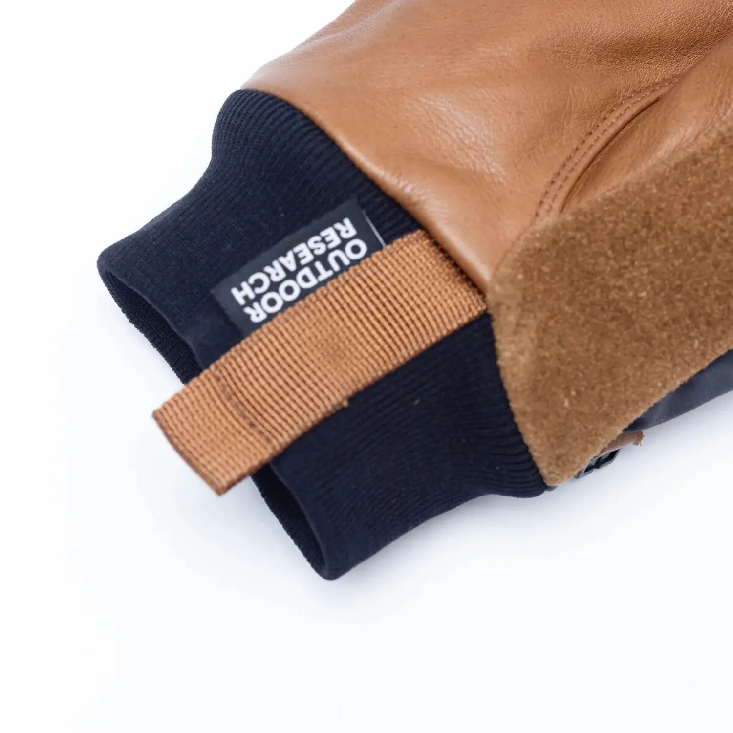 Outdoor Research Snowcrew Leather Gloves shown in the Dark Natural/Black color option. Cuff view.