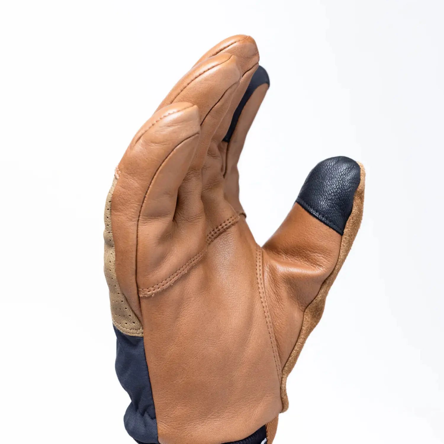 Outdoor Research Snowcrew Leather Gloves shown in the Dark Natural/Black color option.  Palm view.