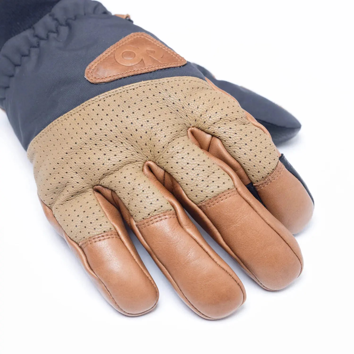 Outdoor Research Snowcrew Leather Gloves shown in the Dark Natural/Black color option. Top view.