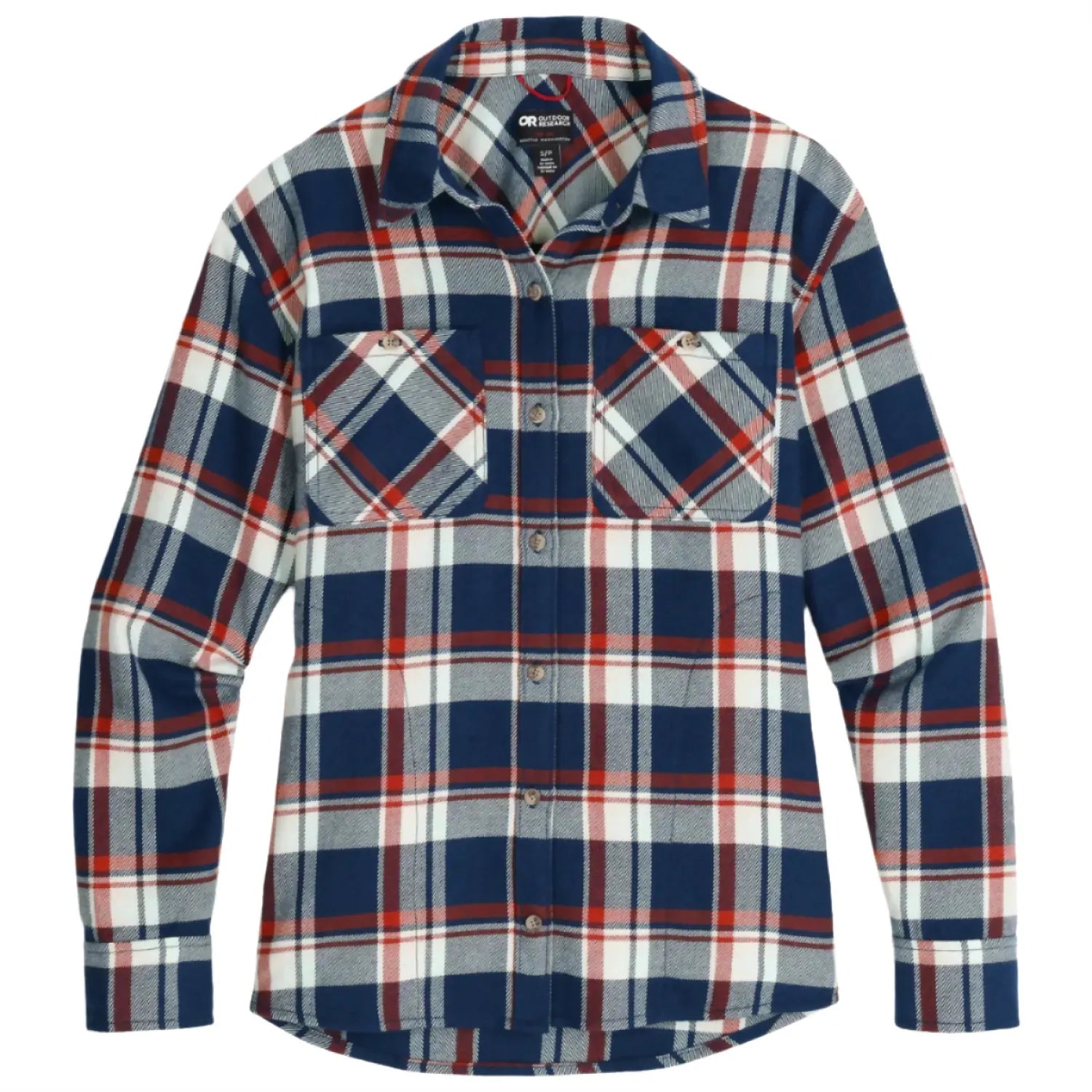 Outdoor Research Women's Feedback Flannel Twill Shirt shown in the Cenote/Oyster Plaid color option.