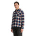 Outdoor Research Women's Feedback Flannel Twill Shirt shown in the Cenote/Oyster plaid color. Front view on model.