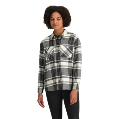 Outdoor Research W's Feedback Flannel Twill Shirt, Bronze Plaid, front view on model
