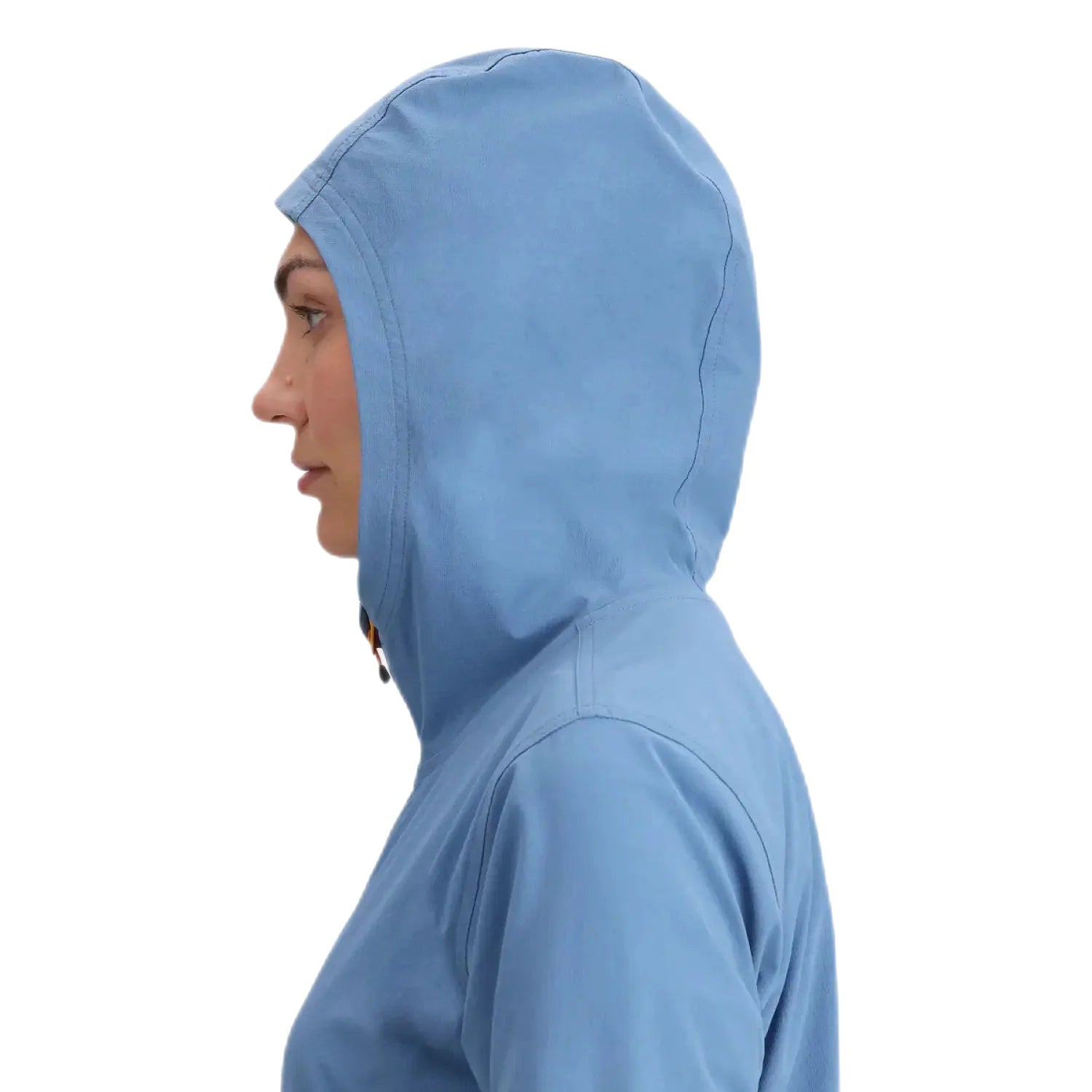Outdoor Research Women's Ferrosi Anorak shown in the Olympic/Terra color option. Hoodie view on model.