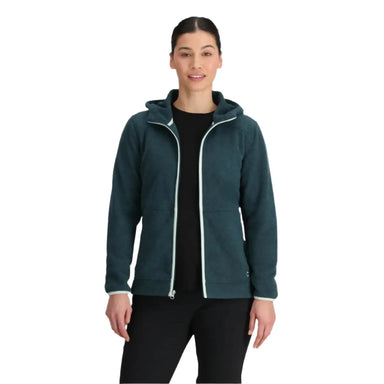 Outdoor Research Women's OR Polartec® 200 Hoodie shown in the Harbor Heather color option. Front view open on model.