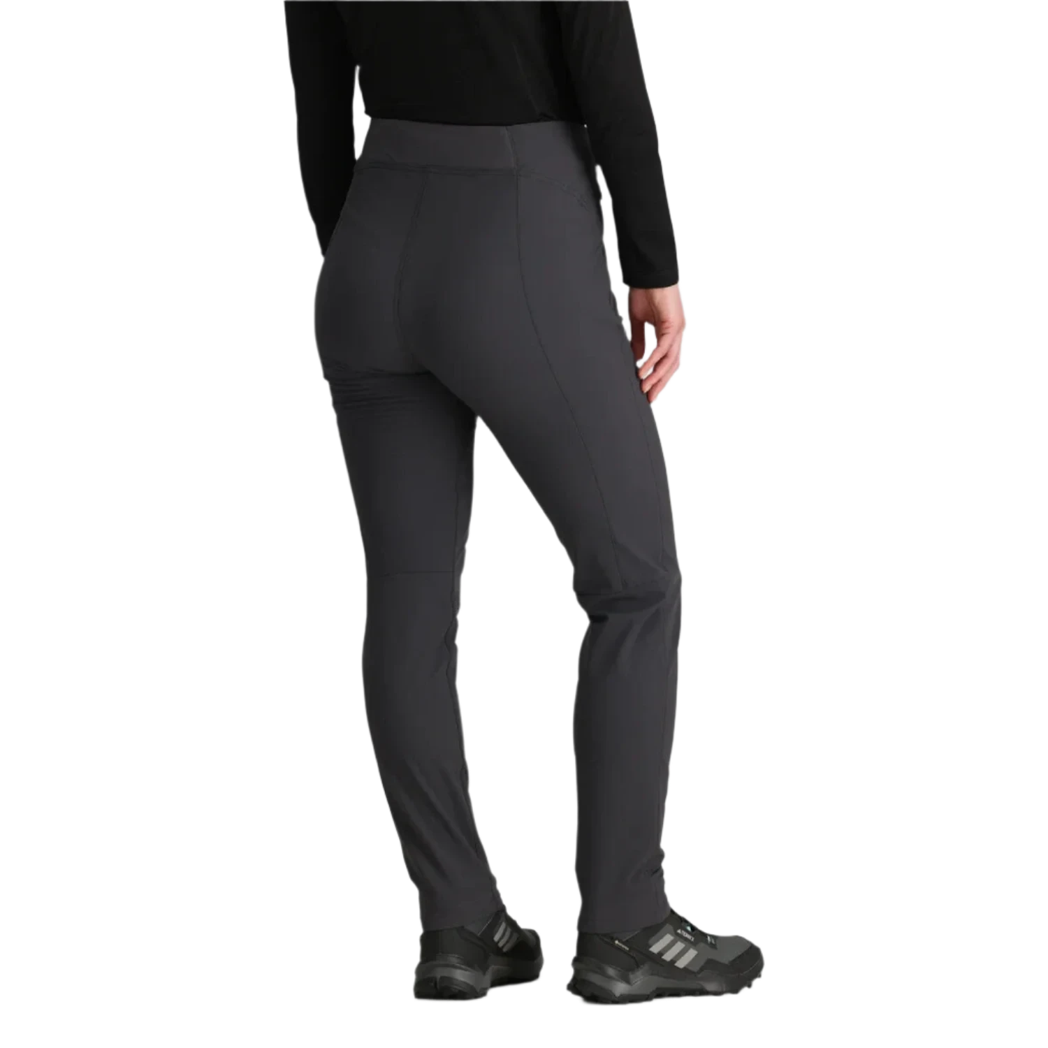 Outdoor Research Women's Rialto Fleece Lined Pants shown in the Storm color option. Back view on model.