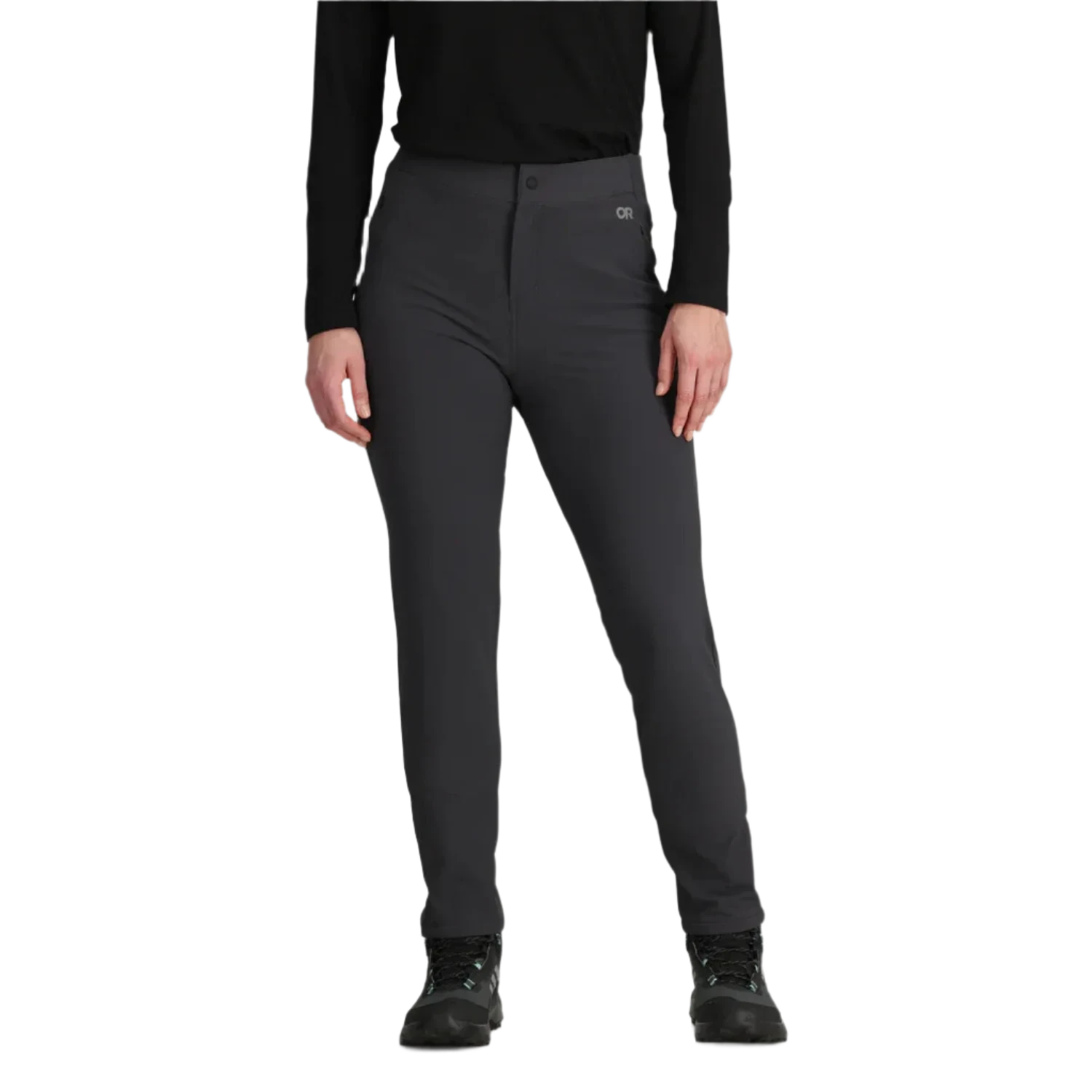 Outdoor Research Women's Rialto Fleece Lined Pants shown in the Storm color option. Front view on model.