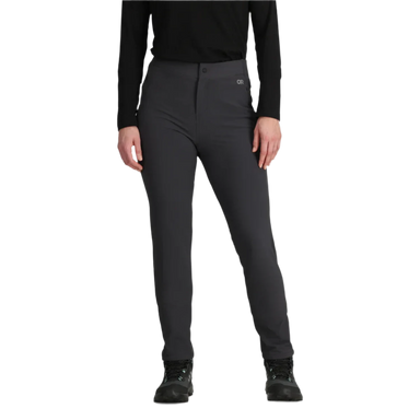 Outdoor Research Women's Rialto Fleece Lined Pants shown in the Storm color option. Front view on model.