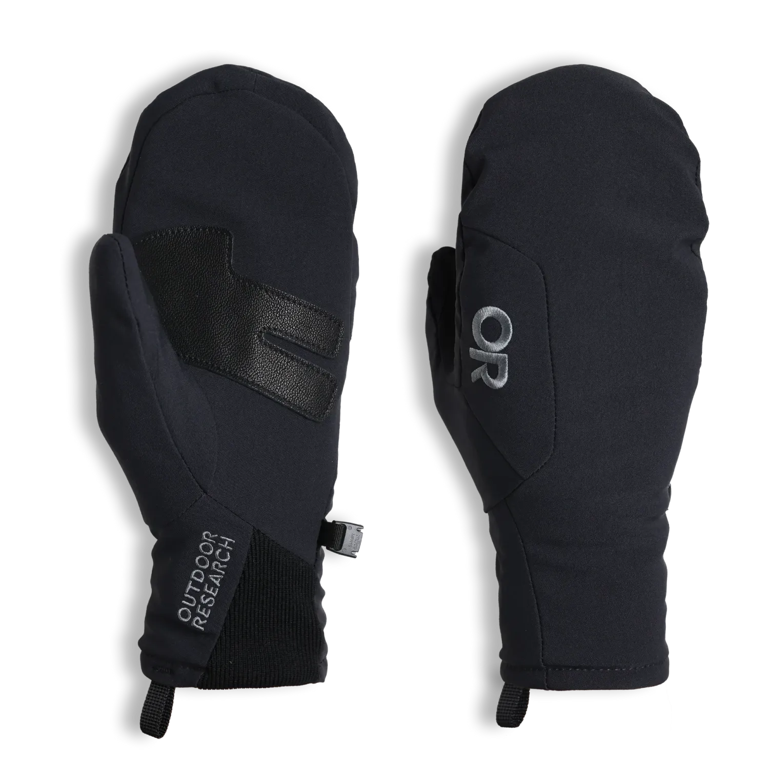 Black mittens with Outdoor Research logo on a white background