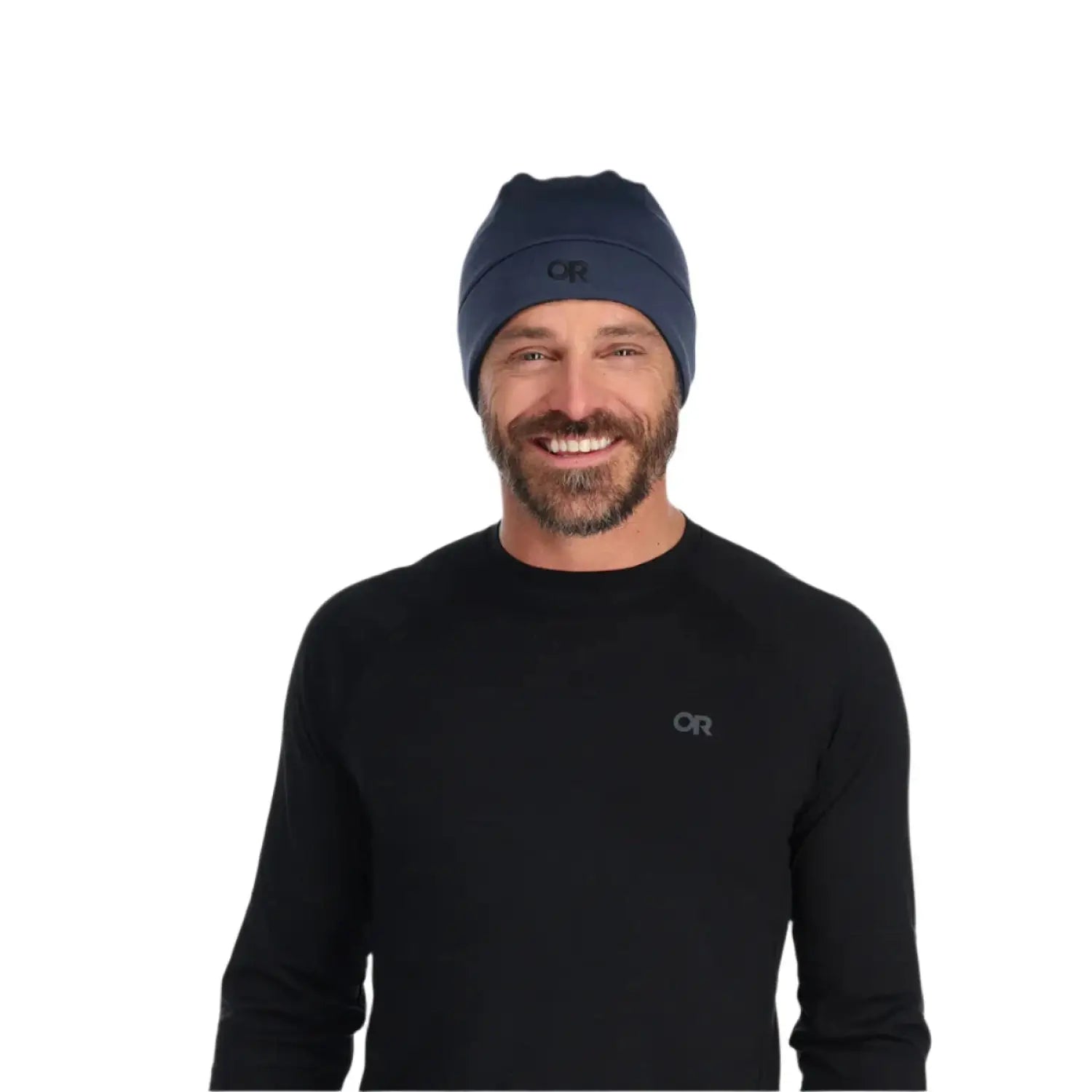 Outdoor Research Wind Pro Hat shown in the Naval Blue color option. Front view on model.