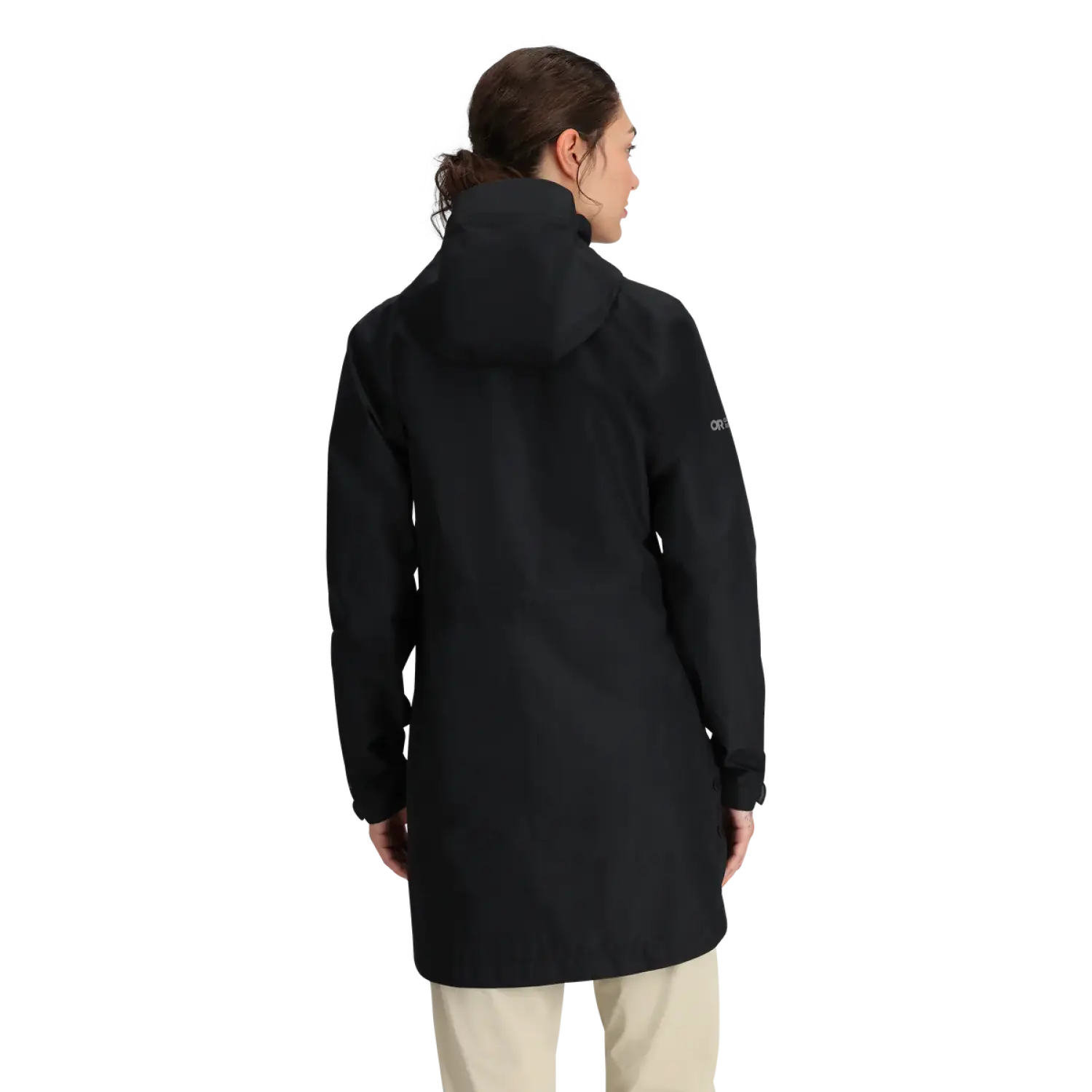 Outdoor Research Women's Aspire GORE-TEX® Trench shown in the Black color option. Back view.
