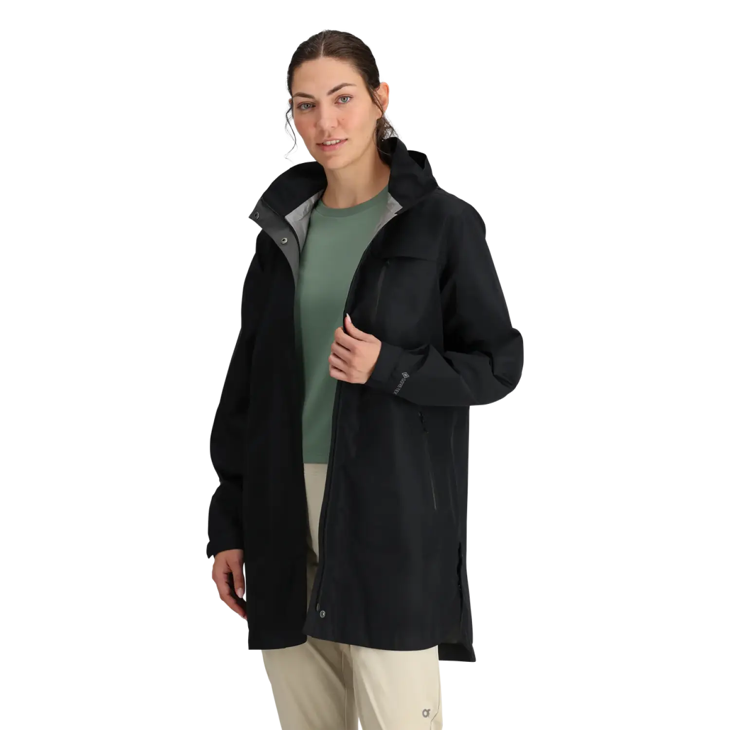 Outdoor Research Women's Aspire GORE-TEX® Trench shown in the Black color option. Front open view.