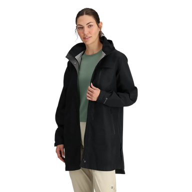 Outdoor Research Women's Aspire GORE-TEX® Trench shown in the Black color option. Front open view.
