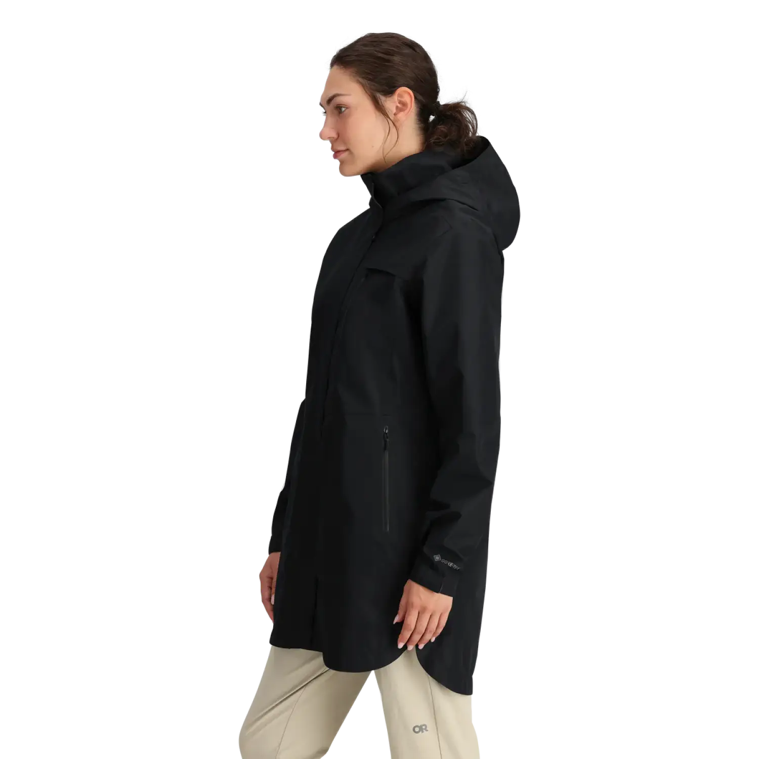 Outdoor Research Women's Aspire GORE-TEX® Trench shown in the Black color option. Side view.