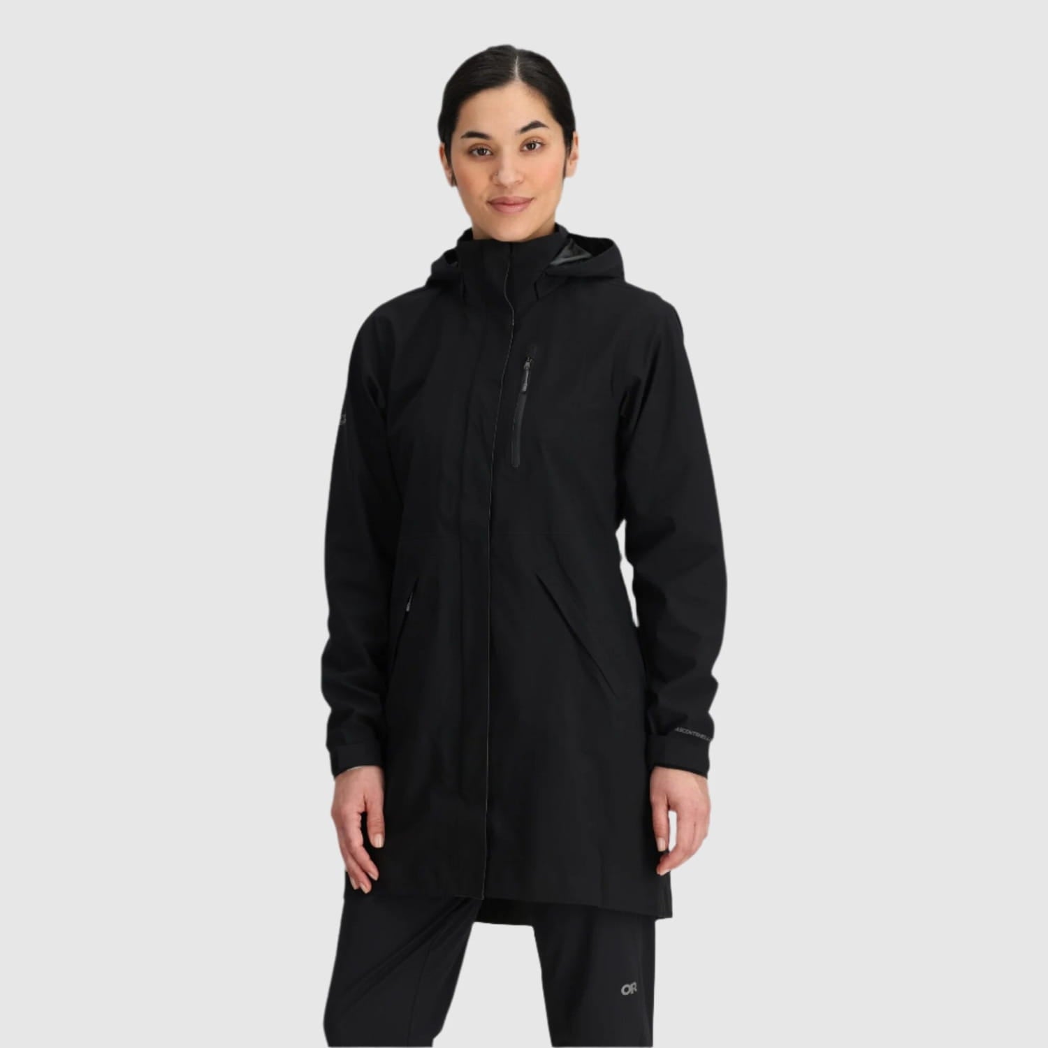 Outdoor Research Women's Aspire 3L Trench Jacket shown in the Black color option. Front view on model.