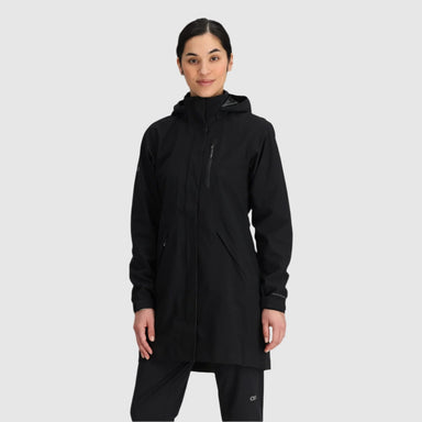 Outdoor Research Women's Aspire 3L Trench Jacket shown in the Black color option. Front view on model.