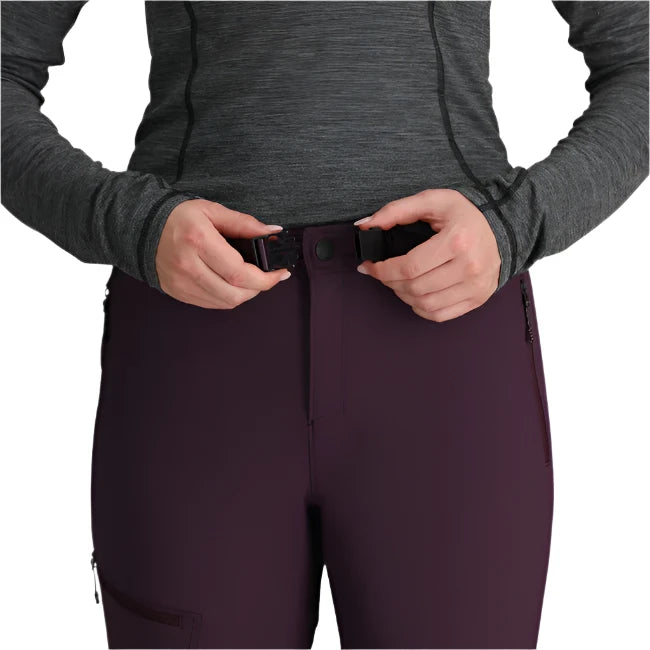 outoor research womens cirue iii "snow" pant in amethyst front waist buckle model view