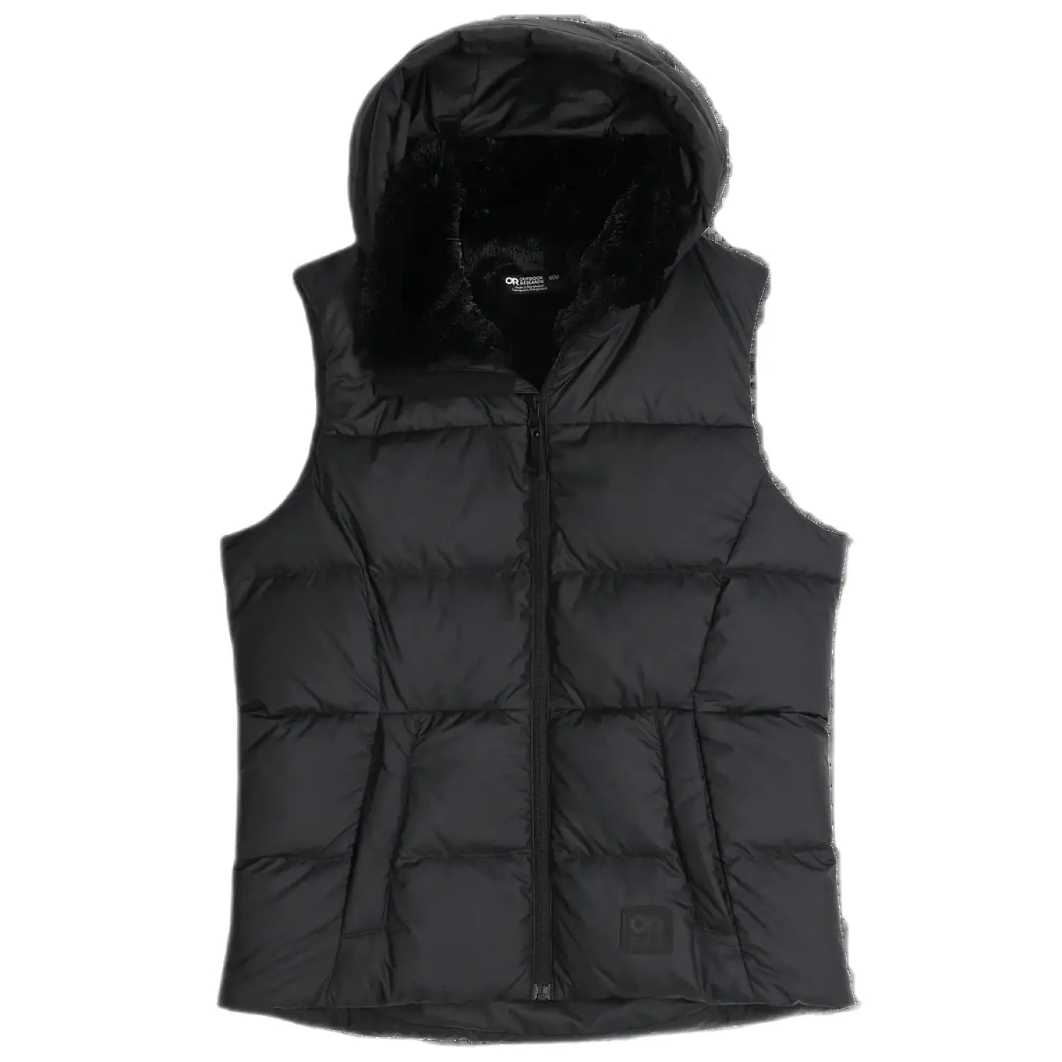 Outdoor Research Women's Coldfront Hooded Down Vest II shown in the Black color option. Flat front view.