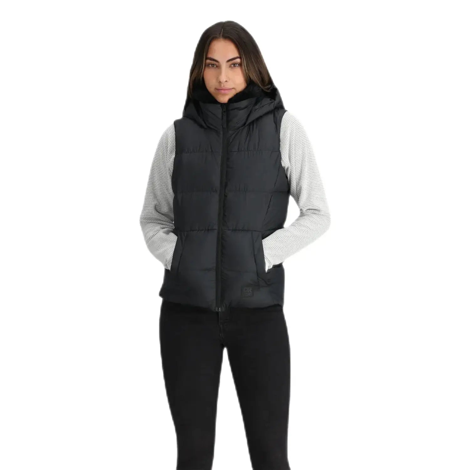 Outdoor Research Women's Coldfront Hooded Down Vest II shown in the Black color option. Front view on a model.