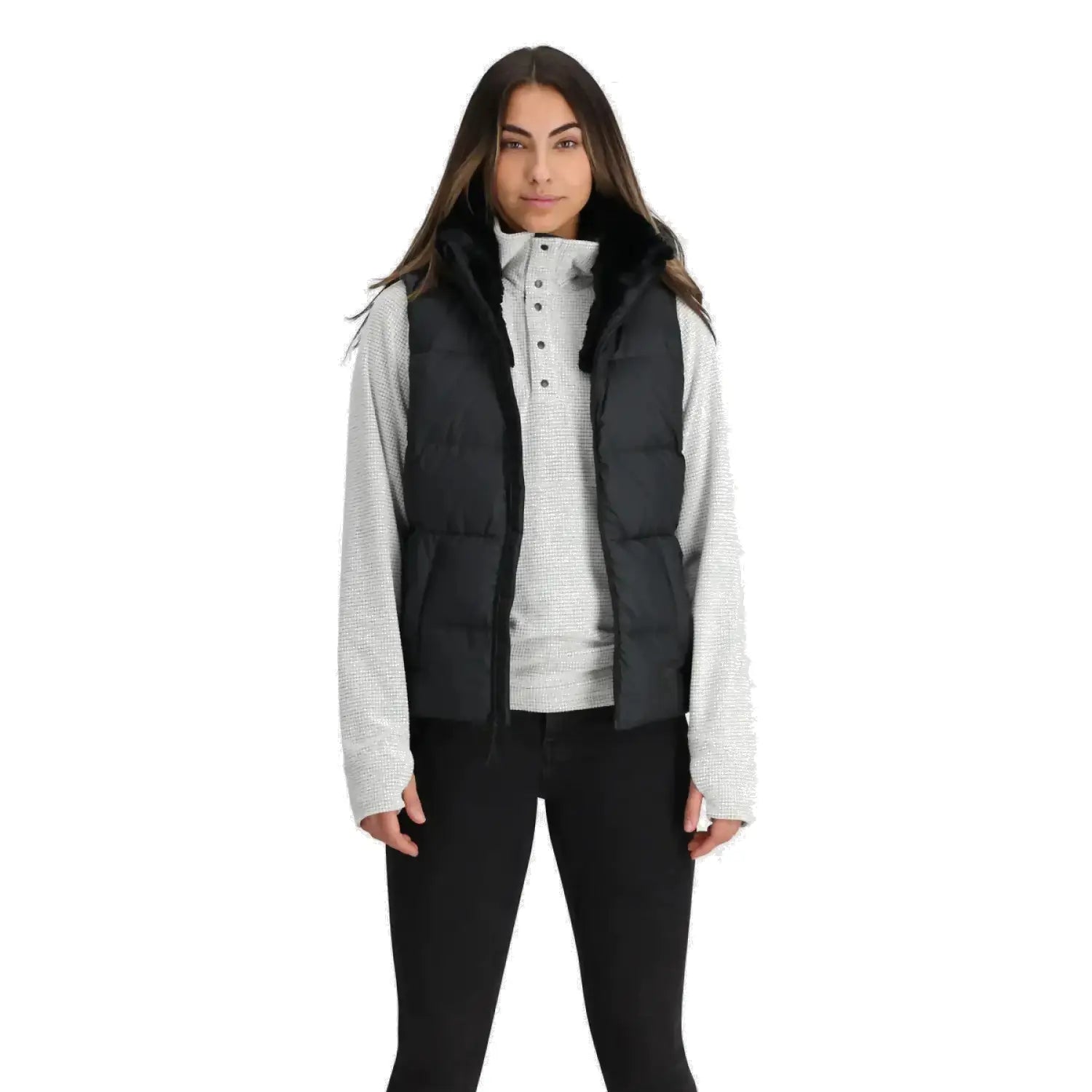 Outdoor Research Women's Coldfront Hooded Down Vest II shown in the Black color option. Front view, open on a model.