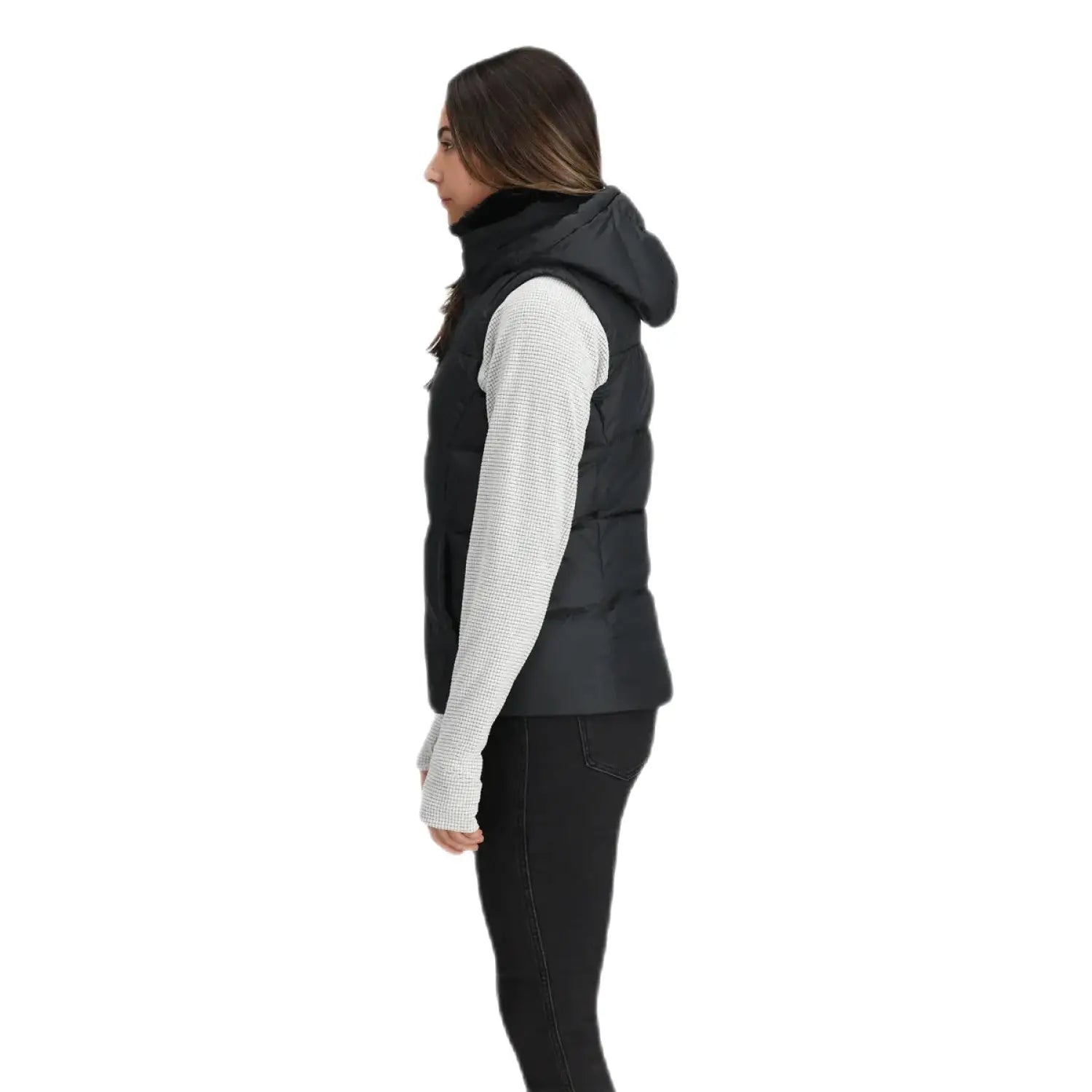 Outdoor Research Women's Coldfront Hooded Down Vest II shown in the Black color option. Side view on a model.
