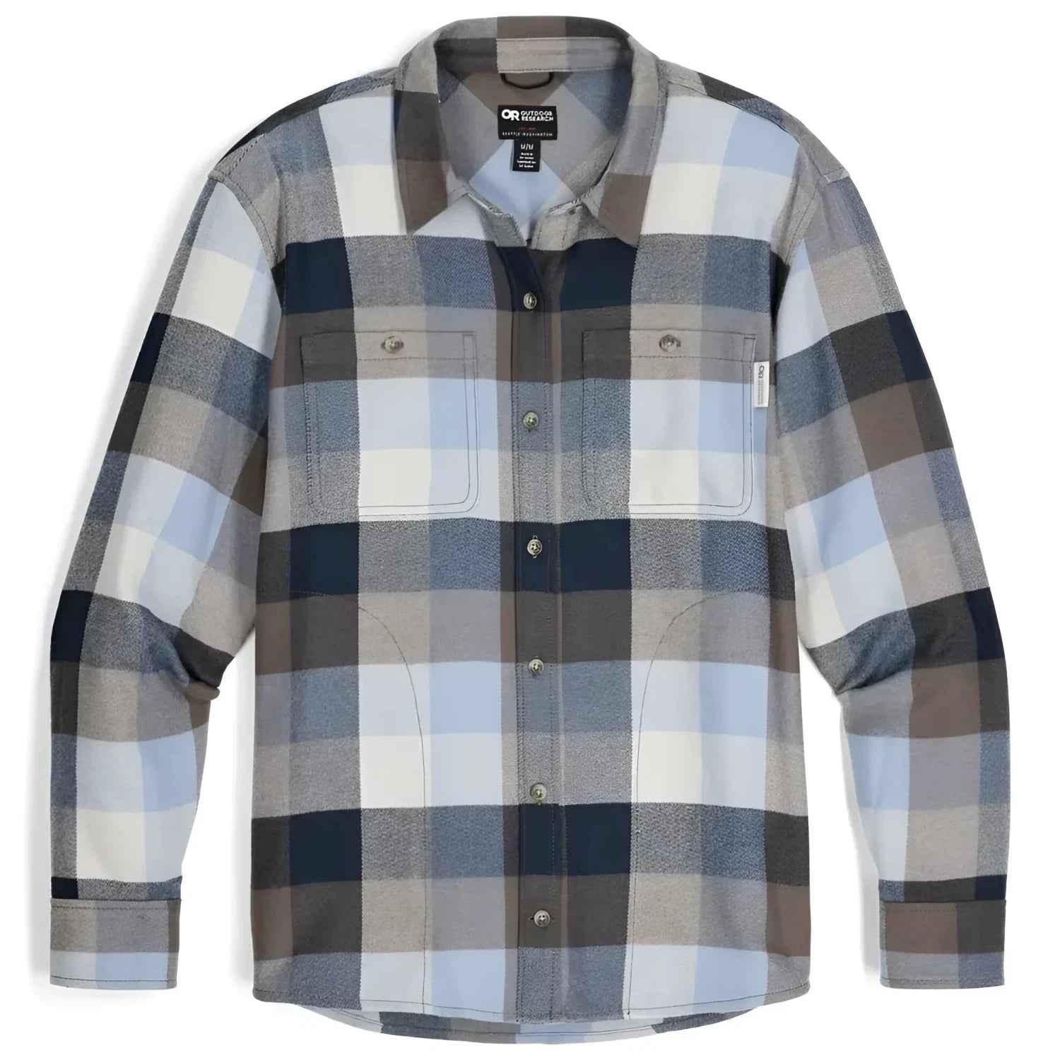 Outdoor Research Women's Feedback Flannel Twill Shirt in fjord plaid, on flat front view