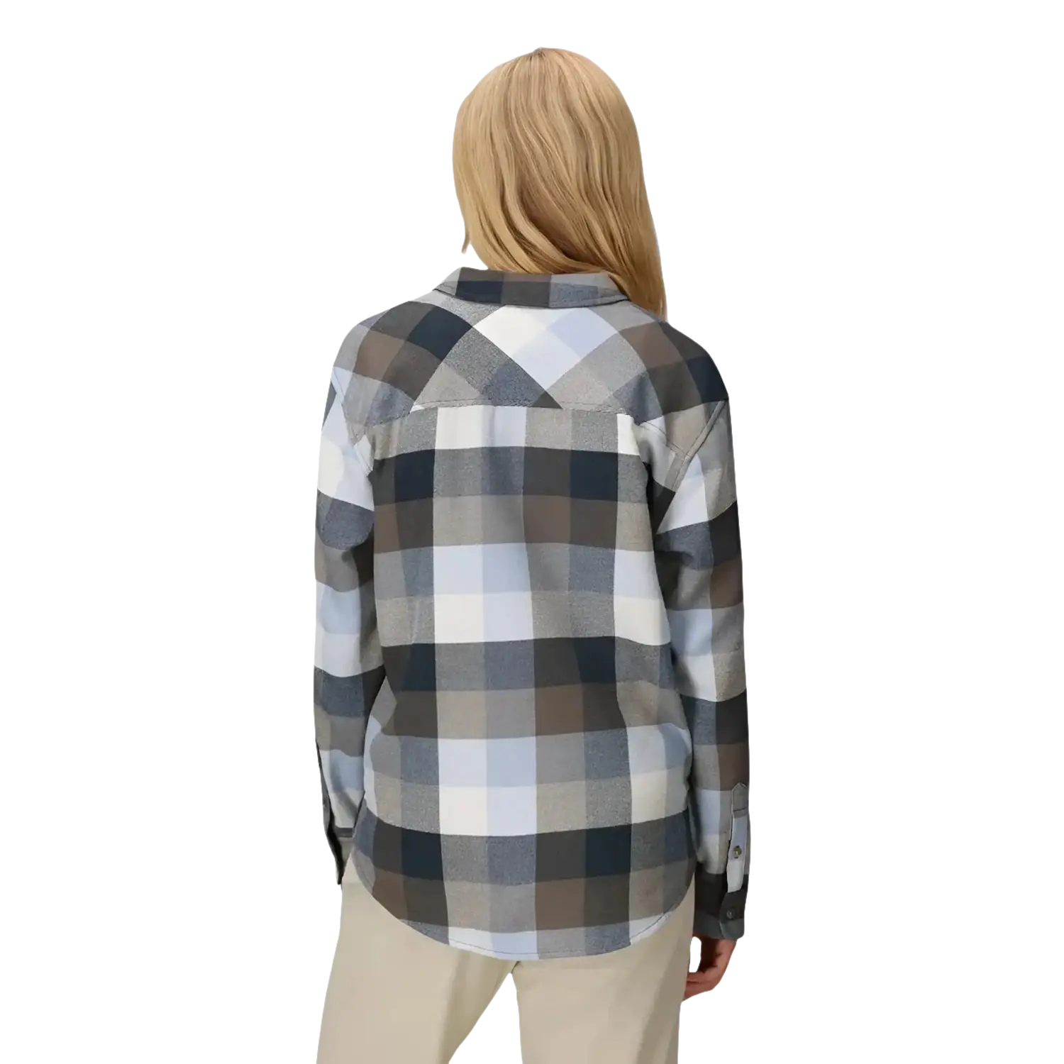 Outdoor Research Women's Feedback Flannel Twill Shirt in fjord plaid, on model back view