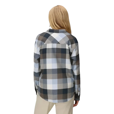 Outdoor Research Women's Feedback Flannel Twill Shirt in fjord plaid, on model back view