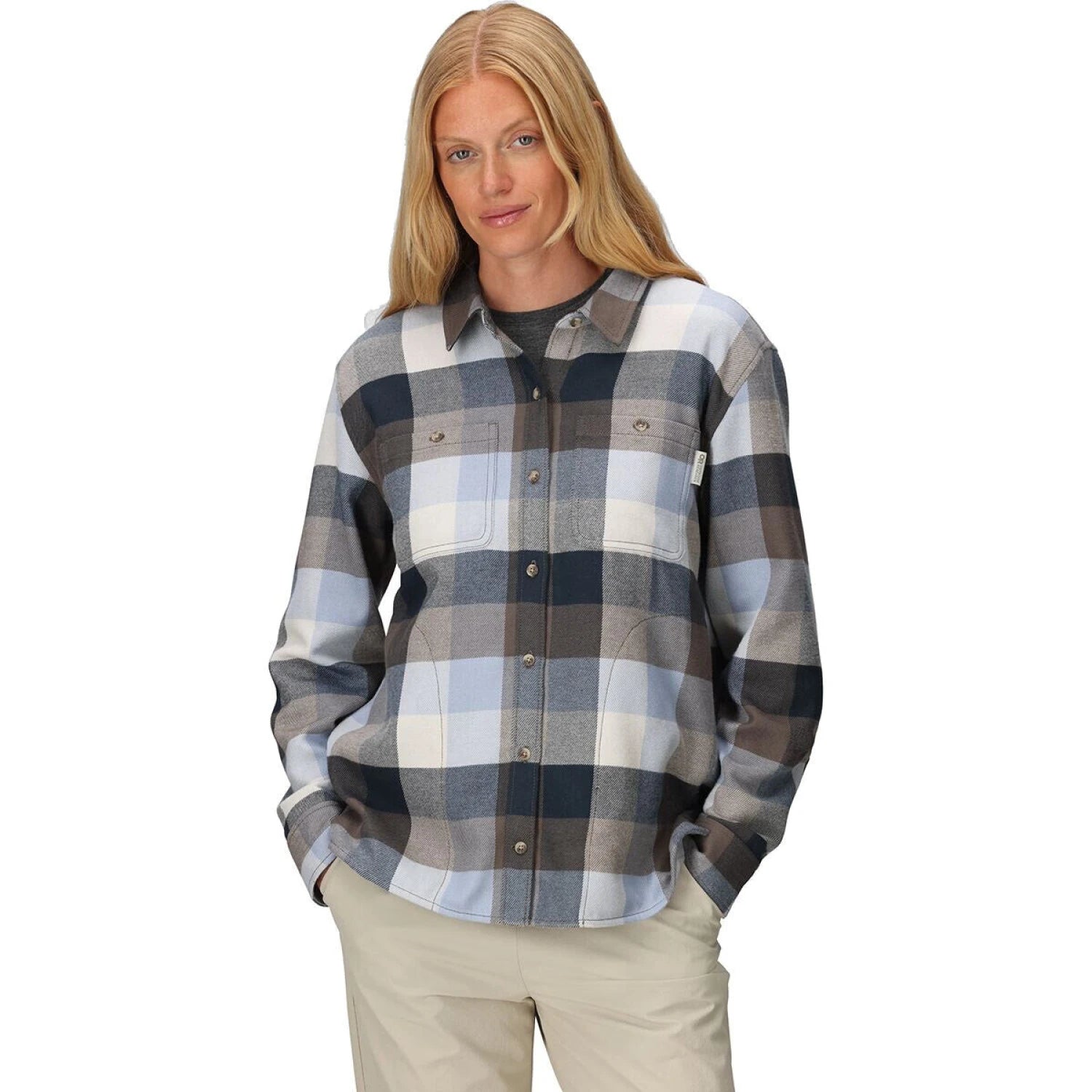 Outdoor Research Women's Feedback Flannel Twill Shirt in fjord plaid, on model front view