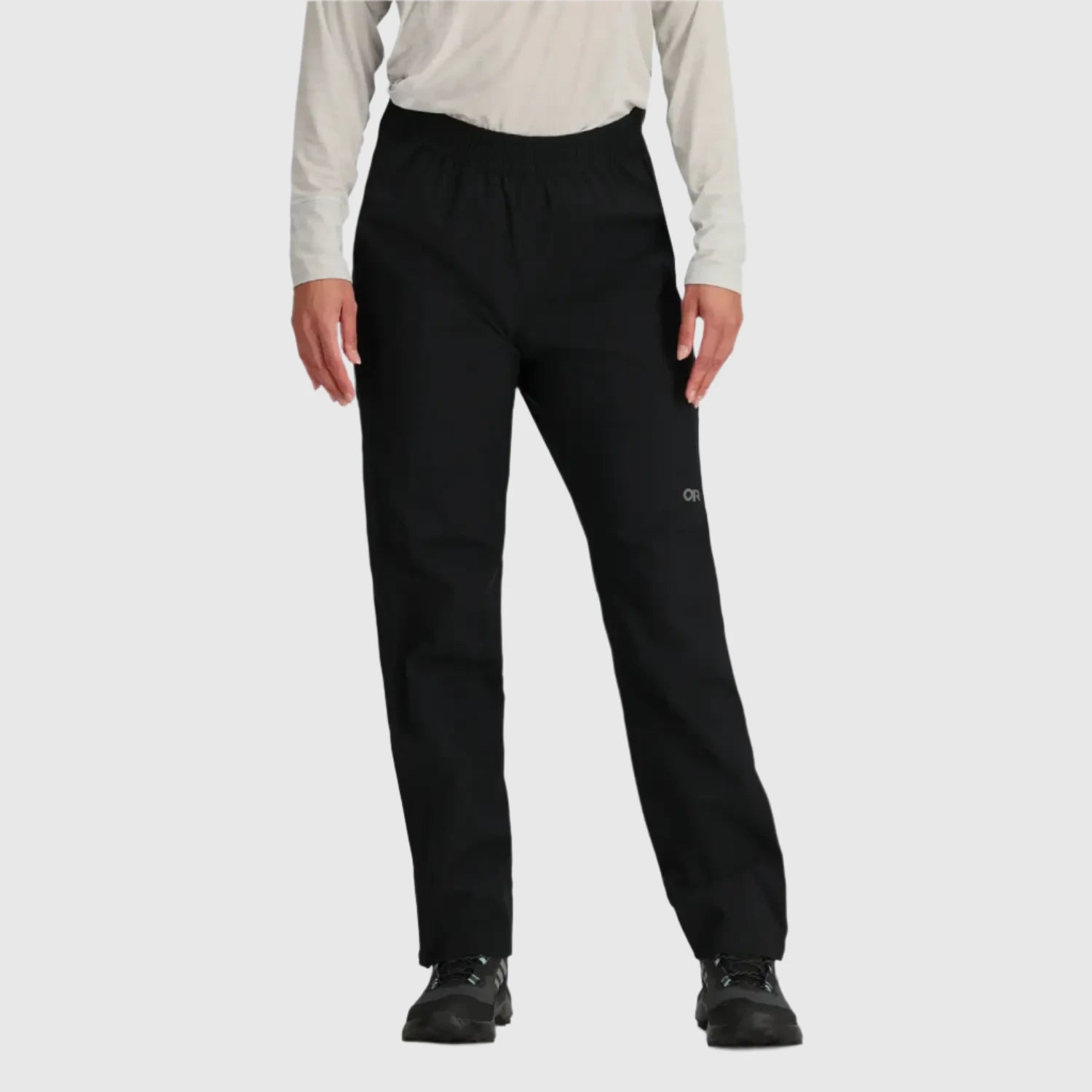 Outdoor Research Women's Stratoburst Stretch Rain Pants shown in the Black color option. Front view.