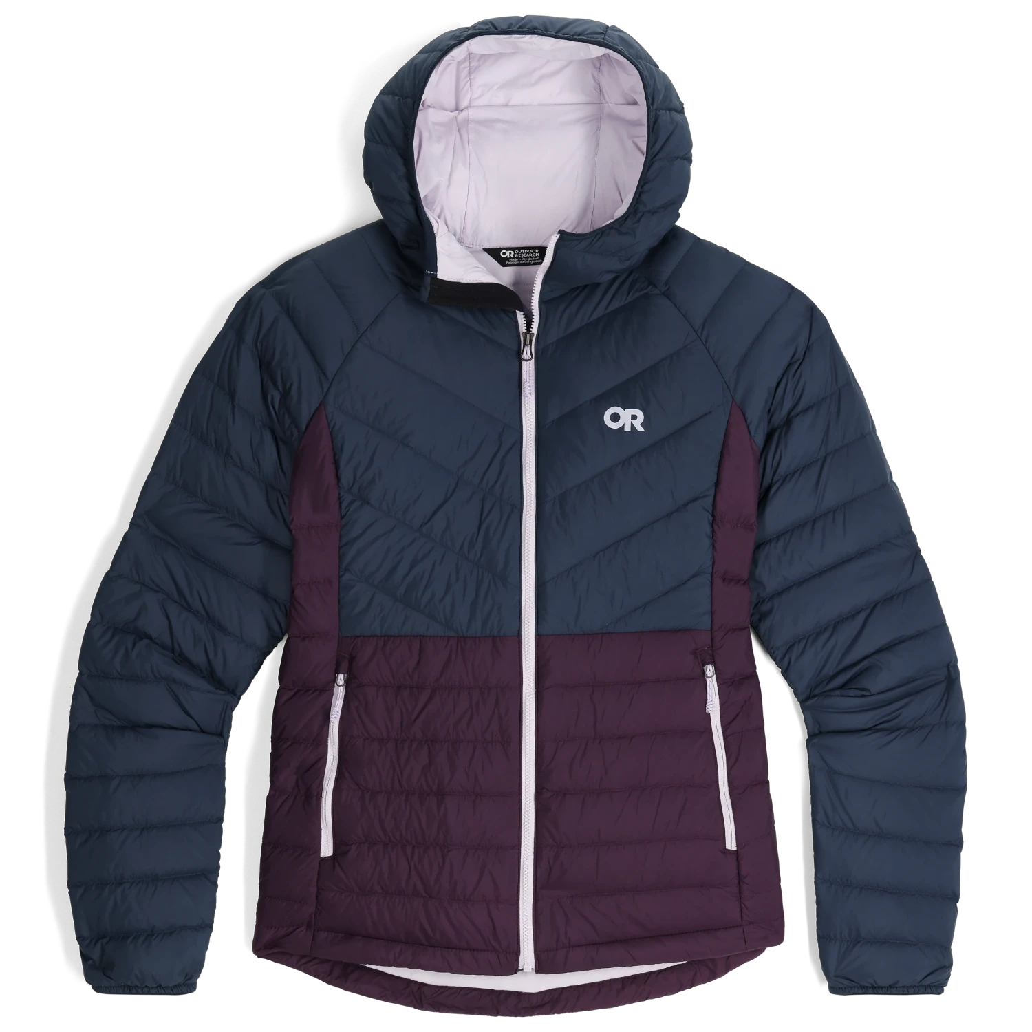 outdoor research women's transcendent hoodie in dark navy/amethyst front flat view