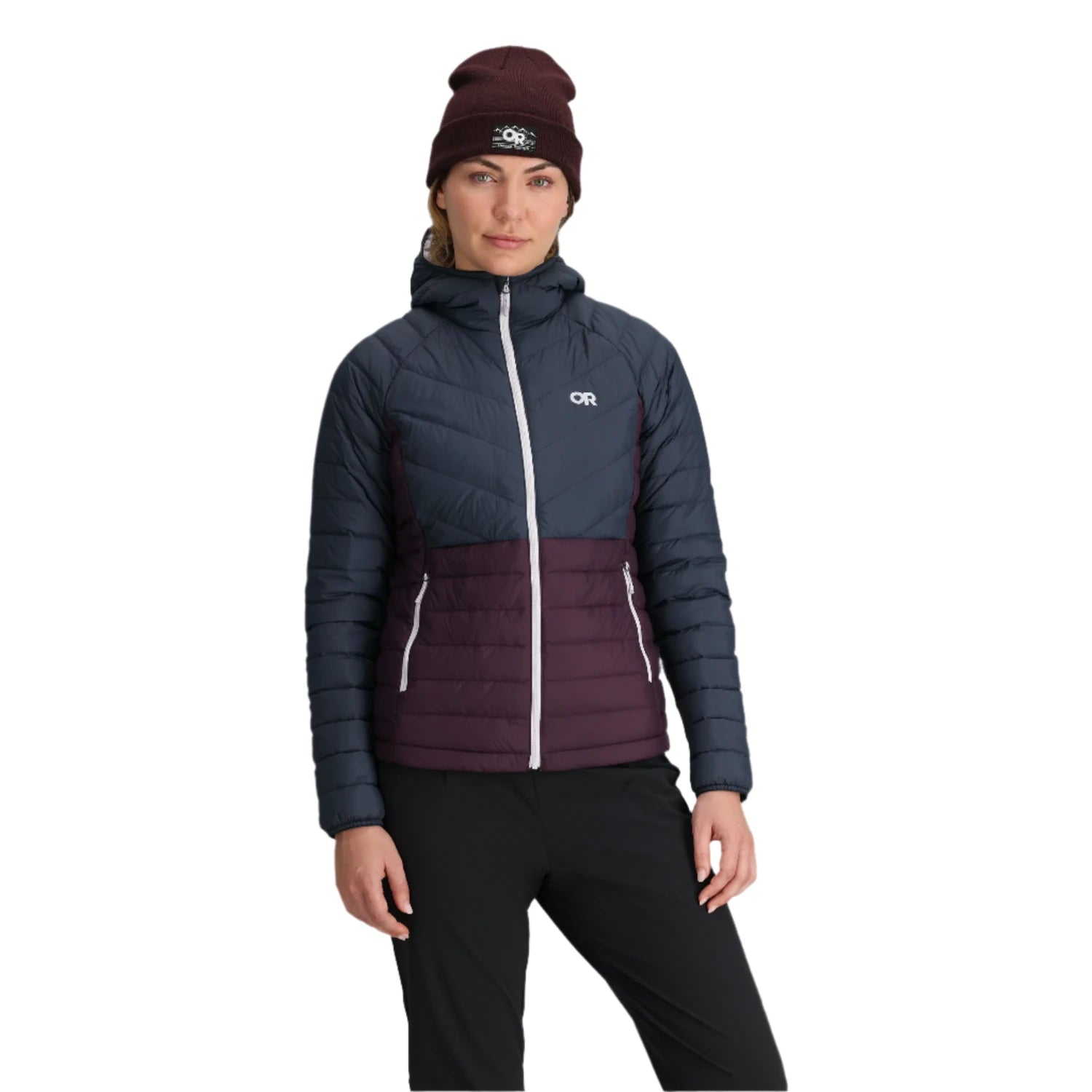 outdoor research women's transcendent hoodie in dark navy/amethyst front model view