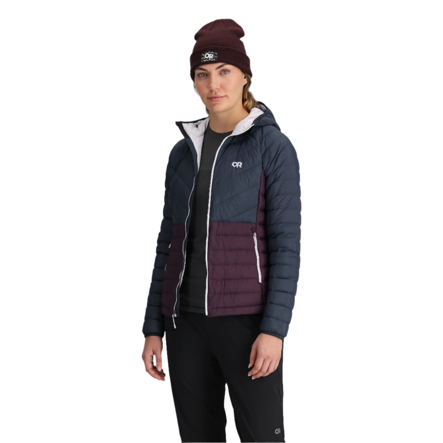 outdoor research women's transcendent hoodie in dark navy/amethyst front unzipped model view