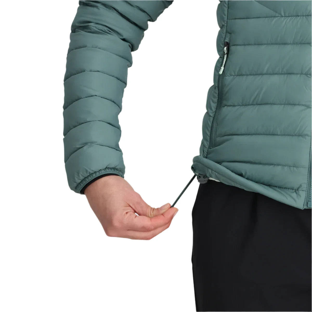 outdoor research women's transcendent hoodie in neptune front waist cinch model view