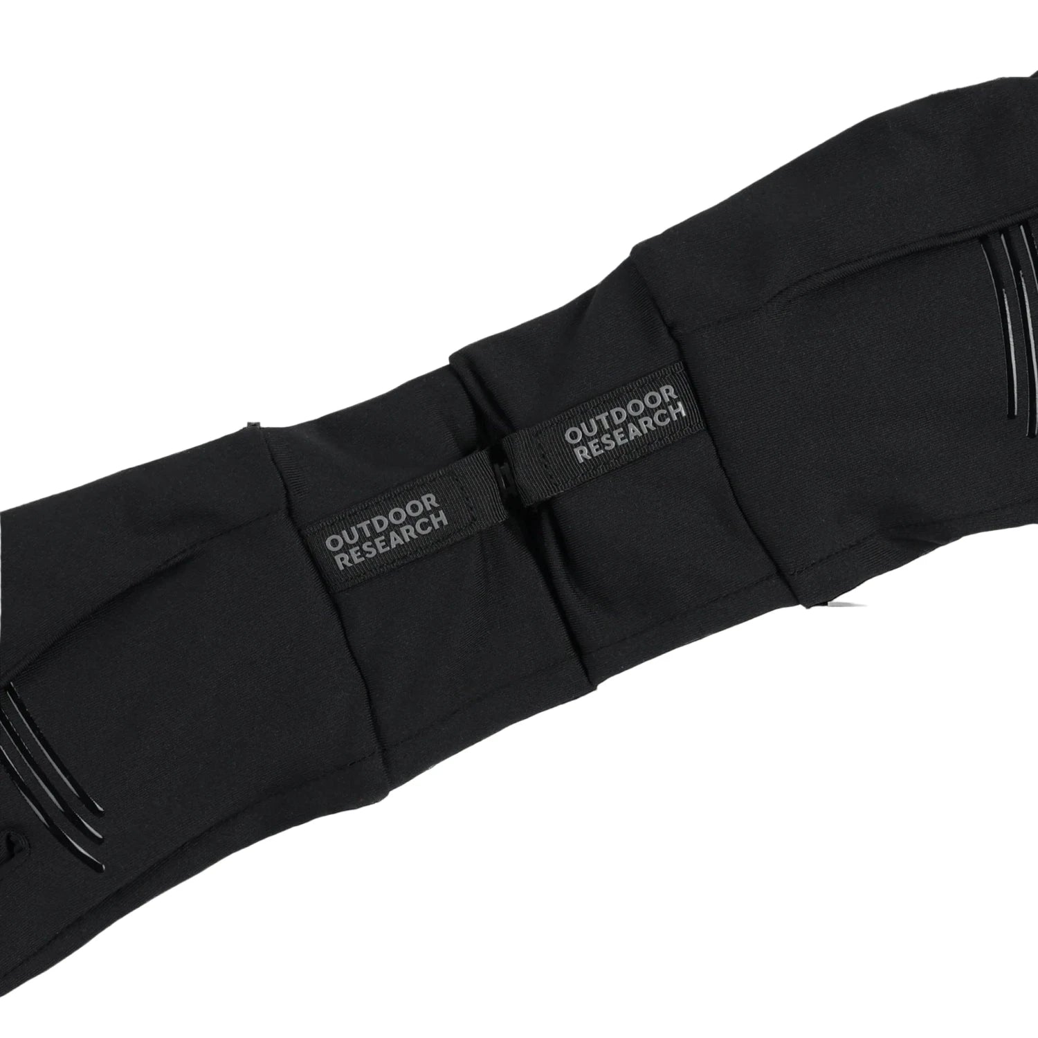 Close-up of a black gloves with 'Outdoor Research' branding on a white background