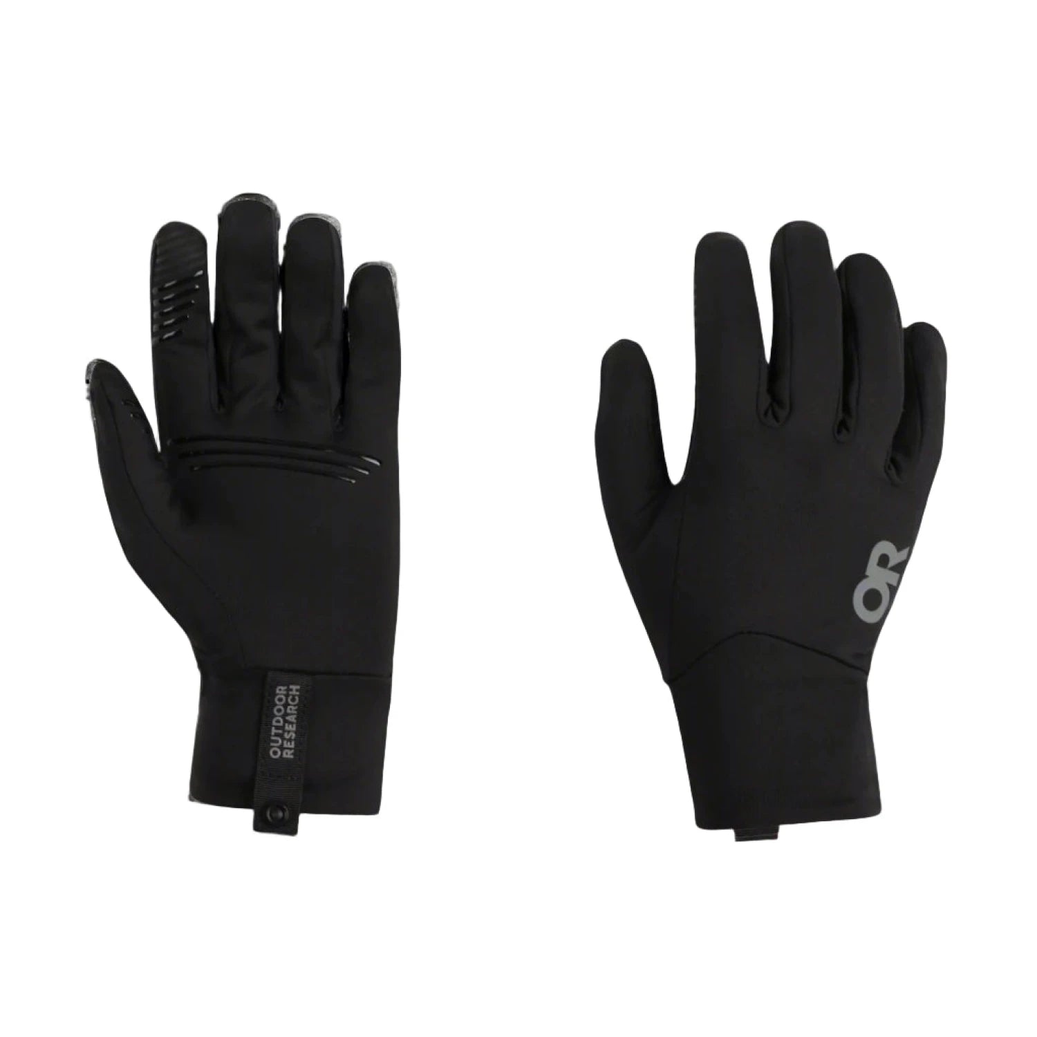 Pair of black outdoor research gloves on a transparent background