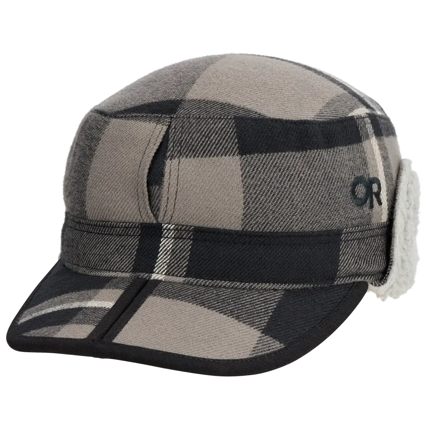 Plaid patterned cap with a brand logo on a white background