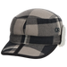 Plaid patterned cap with a brand logo on a white background